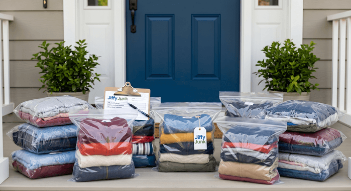 Neatly folded piles of old clothing and garments sit in donation bags beside a front door, ready for a Jiffy Junk pickup and delivery to a local charitable organization for textile recycling or donation.