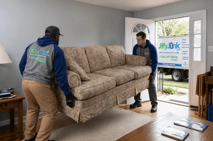 An image of two crew carrying a couch out of a living room toward a Jiffy Junk truck, illustrating how to get rid of a couch using furniture removal services and proper disposal options.