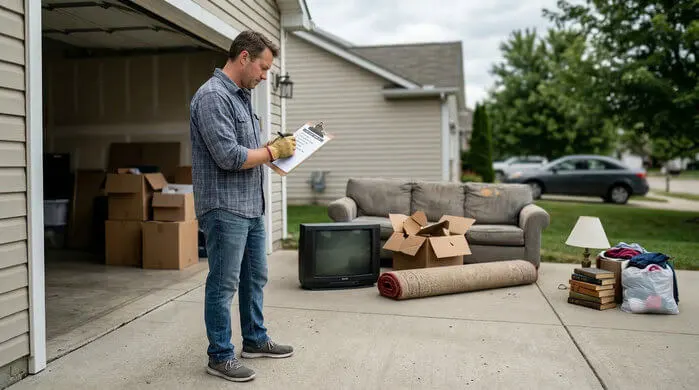 An image of a man sorting garage items preparing for junk removal pickup.