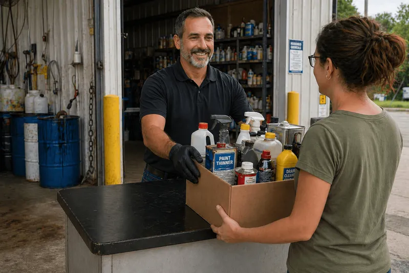 A view of a household hazardous waste drop-off site where a person hands over a box of realistic chemical containers—such as paint thinner, cleaning solutions, and sealed bottles—to a worker, illustrating how to dispose of household chemicals safely and follow proper hazardous waste disposal guidelines.