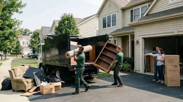 An image of a residential property on a clear day, illustrating the process of moving and sorting.
