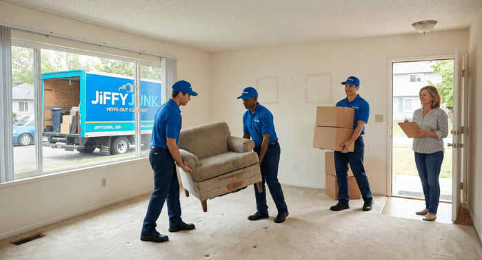 A Jiffy Junk crew in Jiffy Blue branded uniforms efficiently clears out furniture and belongings from an empty apartment unit, completing a professional move-out cleanout for a property owner.