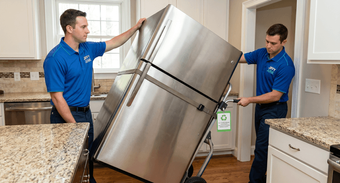 Two Jiffy Junk professionals in Jiffy Blue and Jiffy Teal branded uniforms use an appliance dolly to remove a large stainless steel refrigerator from a residential kitchen for responsible disposal.