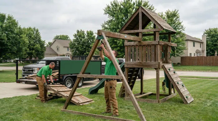 An image of two professional movers dismantling a large, weathered wooden backyard swing set on a neat suburban lawn.