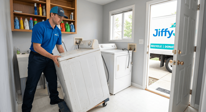 A Jiffy Junk crew member in a branded uniform carefully removes an old top-load washing machine and dryer from a residential laundry room, ready for responsible haul-away and disposal.