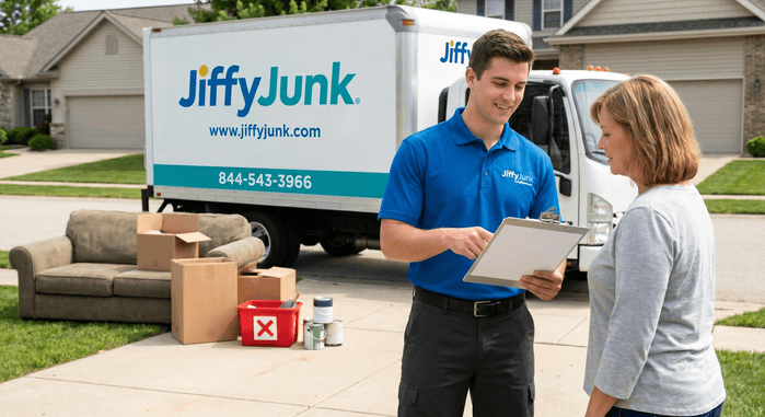 A Jiffy Junk professional assessing which items can be hauled away versus prohibited hazardous materials.