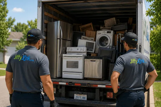 A Jiffy Junk crews safely disconnects and lifts an old refrigerator and washing machine onto a dolly outside a residential home, illustrating the safe, eco-friendly haul away service that defines Jiffy Junk's professional appliance removal and pickup.