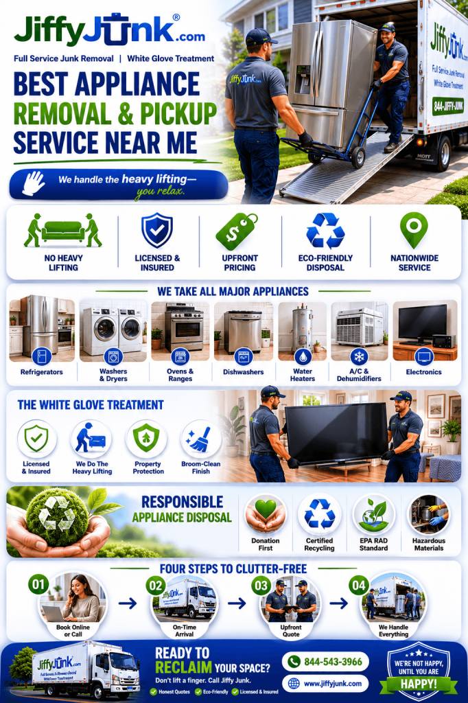 Infographic of Best Appliance Removal and Pickup Service Near Me: Why Jiffy Junk Is the Trusted Company for Old Appliance Disposal and Eco-Friendly Haul Away from JiffyJunk.com