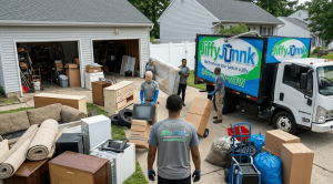 A team of Jiffy Junk professionals efficiently clear out old office furniture, electronics, and equipment from a commercial building lobby into a Jiffy Junk truck, illustrating the speed and care that define the company's commercial junk removal services for businesses.