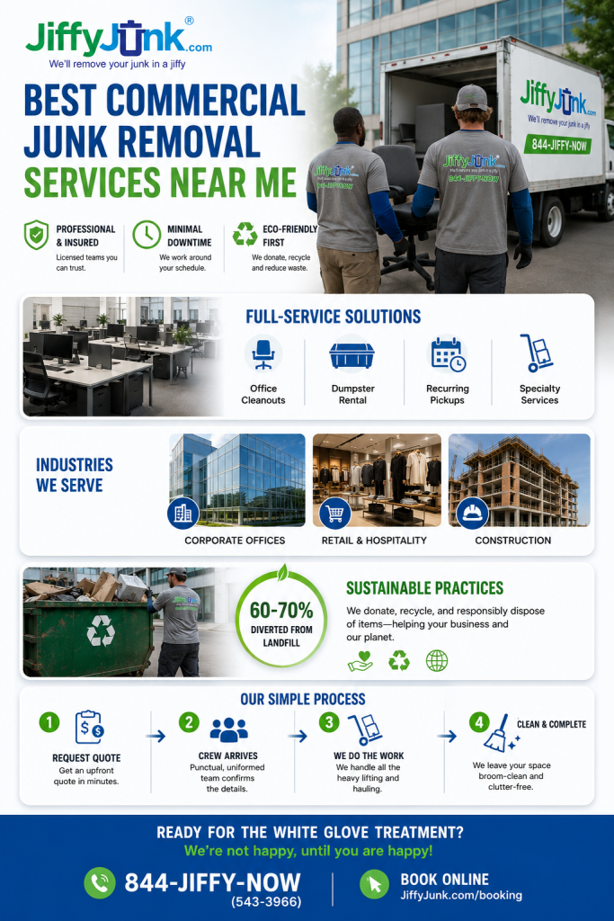 Infographic of Best Commercial Junk Removal Services Near Me: Why Jiffy Junk Is the Trusted Company for Business Office Cleanout and Hauling with Minimal Downtime from JiffyJunk.com