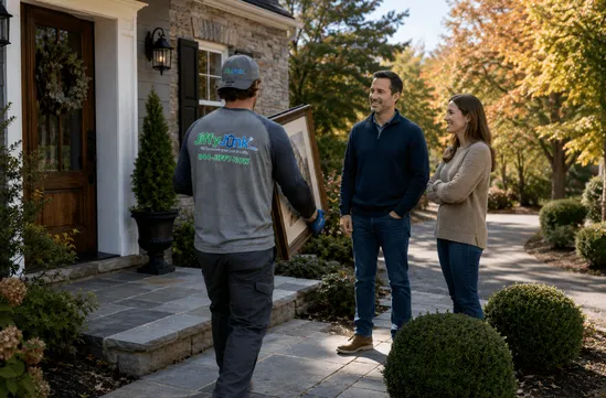 Compassionate Jiffy Junk team members sort and clear items from an estate home, with a clean Jiffy Junk truck visible outside, illustrating the discretion and White Glove Treatment that families rely on during difficult estate cleanout projects.