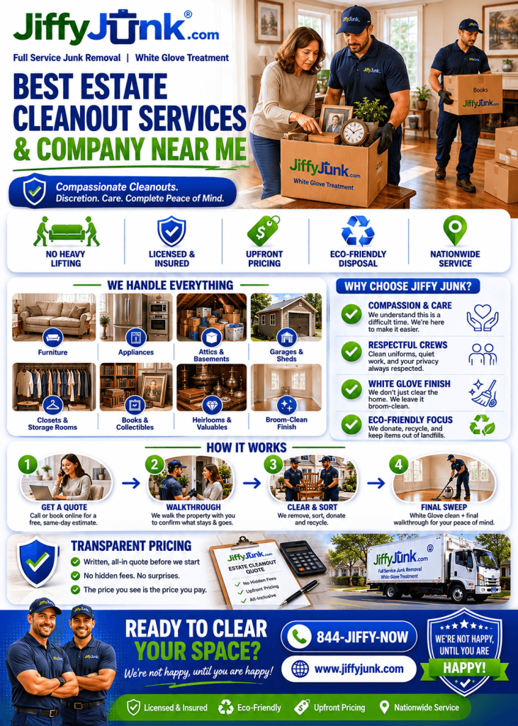 Infographic of Best Estate Cleanout Services and Company Near Me: Why Jiffy Junk Provides Compassionate Full Property Clearing with Discretion and Care from JiffyJunk.com