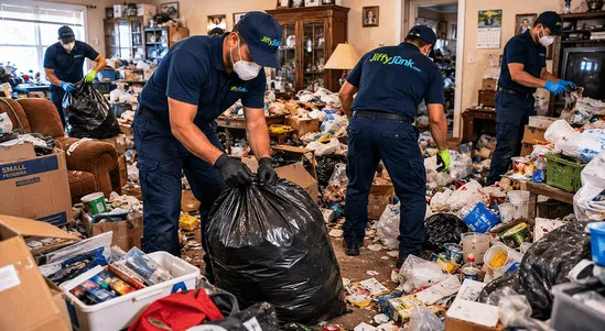 Trained Jiffy Junk crews carefully and respectfully clears a cluttered residential room as part of a hoarding cleanup, illustrating the compassionate, judgment-free approach and discreet White Glove service that Jiffy Junk brings to every hoarding cleanout.