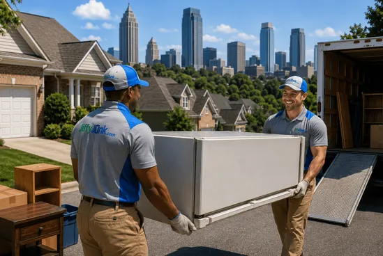 A view of a junk removal team carrying an old refrigerator during a residential junk hauling pickup in Atlanta GA, providing professional appliance removal and white glove junk removal services