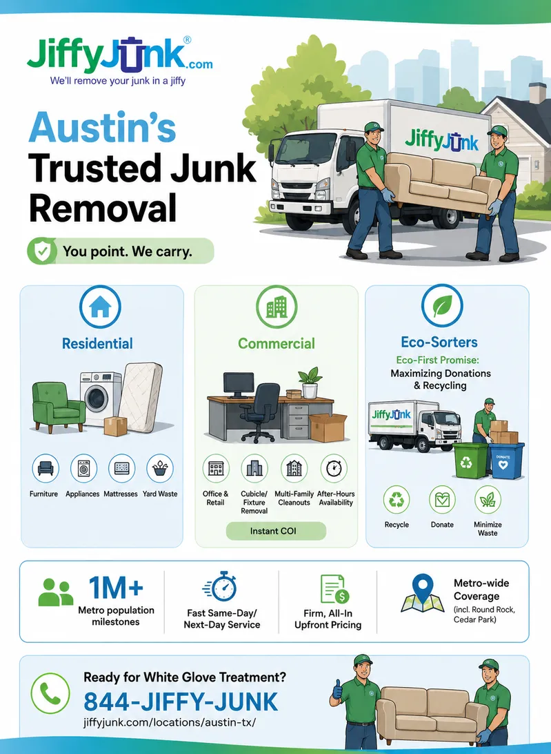 Infographic of Best Junk Removal Austin TX Company: Why Jiffy Junk Is the Trusted Choice for Austin Texas Junk Hauling and Pickup Services with Same-Day Availability from JiffyJunk.com