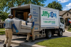 Jiffy Junk professionals load household items from an Austin Texas home into a clean Jiffy Junk truck under a sunny Texas sky, illustrating the same-day junk hauling and pickup services Austin residents rely on across the metro area.
