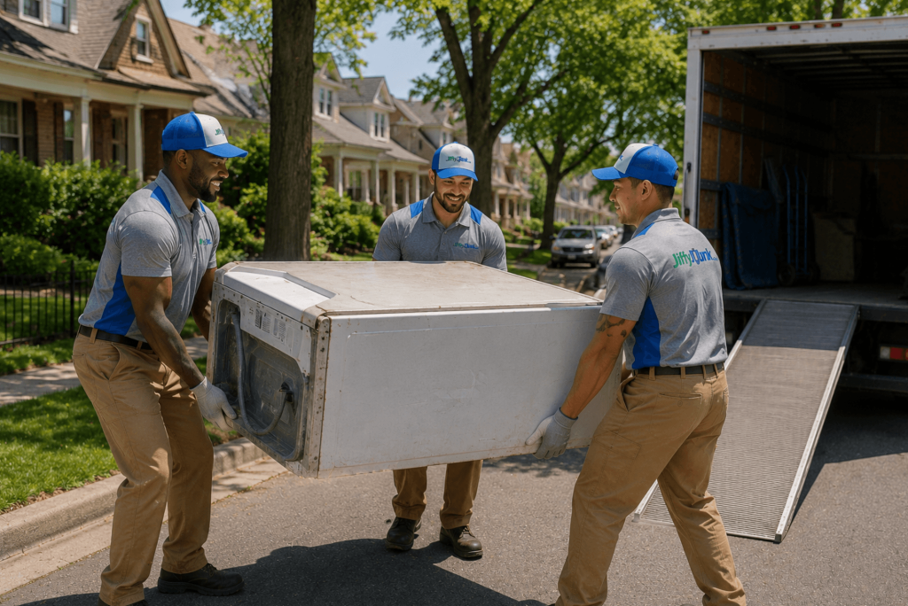 A view of a junk removal team carrying a worn-out washing machine horizontally during a residential curbside junk pickup service in a Bergen County, NJ neighborhood, providing professional appliance removal and eco-friendly junk hauling