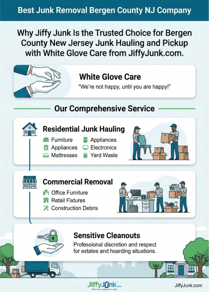 Infographic of Best Junk Removal Bergen County NJ Company: Why Jiffy Junk Is the Trusted Choice for Bergen County New Jersey Junk Hauling and Pickup with White Glove Care from JiffyJunk.com