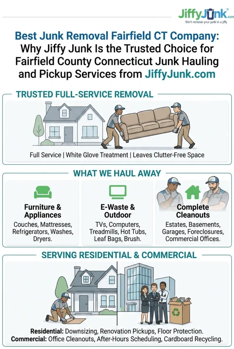 Infographic of Best Junk Removal Fairfield CT Company: Why Jiffy Junk Is the Trusted Choice for Fairfield County Connecticut Junk Hauling and Pickup Services from JiffyJunk.com