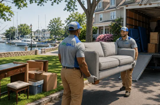 A view of a junk removal team providing professional junk hauling and furniture pickup services at a waterfront home in Fairfield CT, trusted junk removal company serving Fairfield County Connecticut