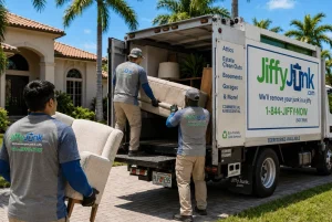 A Jiffy Junk team loads furniture and household items into a branded Jiffy Junk truck outside a Florida home with palm trees in the background, illustrating the statewide junk hauling and pickup services delivered with White Glove Treatment from Tampa to Miami.