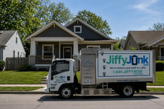 An image of a Jiffy Junk truck providing professional junk removal services in Kansas City, KS, helping homeowners with fast junk hauling, cleanouts, and pickup throughout the Kansas City area.