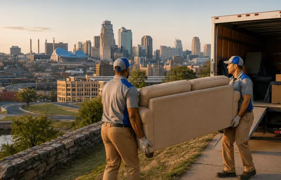 A view of a junk removal team hauling furniture near the Kansas City skyline with professional junk hauling truck and crew