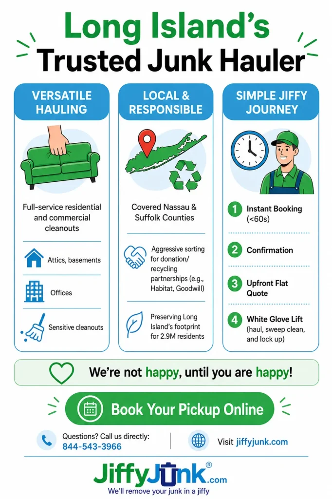 Infographic of Best Junk Removal Long Island NY Company: Why Jiffy Junk Is the Trusted Choice for Nassau and Suffolk County Junk Hauling and Pickup Since 2014 from JiffyJunk.com