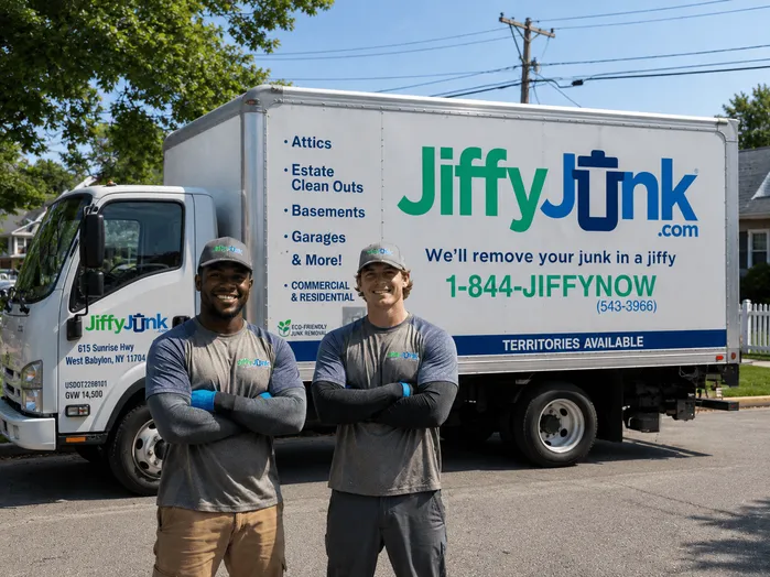An image of Jiffy Junk team members standing in front of a branded truck in Long Island, NY, providing trusted junk removal, hauling, and pickup services across Nassau and Suffolk County since 2014.