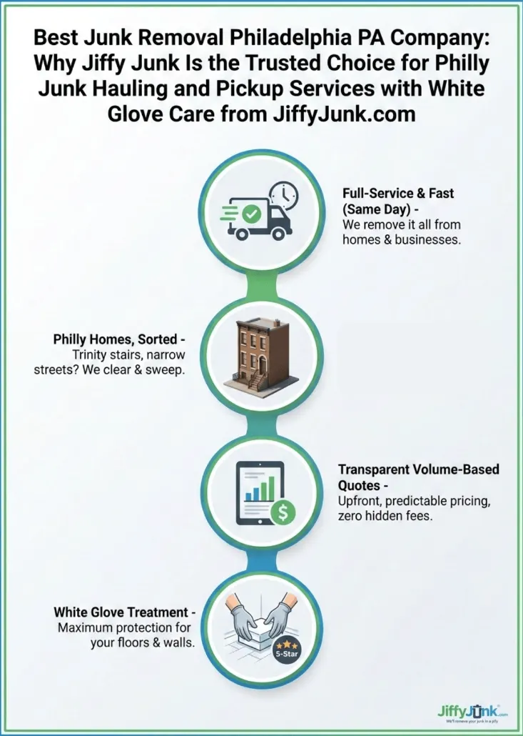 Infographic of Best Junk Removal Philadelphia PA Company: Why Jiffy Junk Is the Trusted Choice for Philly Junk Hauling and Pickup Services with White Glove Care from JiffyJunk.com