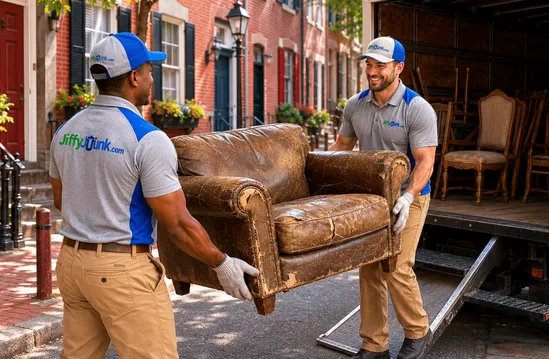 Infographic of A view of a junk removal team hauling old furniture from a Philadelphia rowhome neighborhood, providing professional junk removal and pickup services with white glove care in Philadelphia, PA.