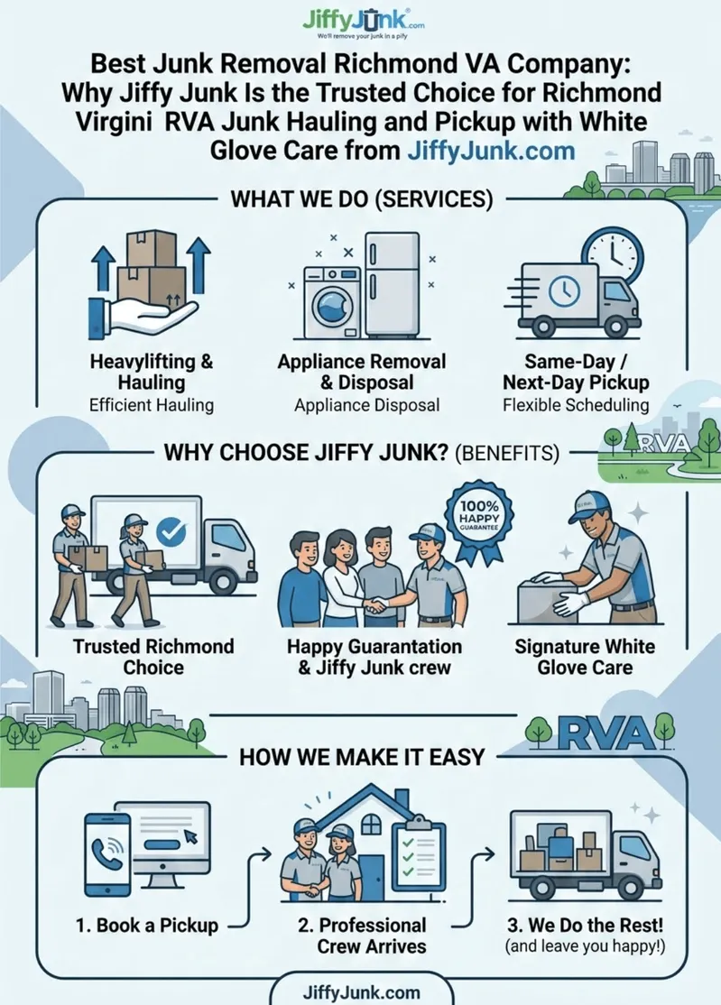 Infographic of Best Junk Removal Richmond VA Company: Why Jiffy Junk Is the Trusted Choice for Richmond Virginia RVA Junk Hauling and Pickup with White Glove Care from JiffyJunk.com
