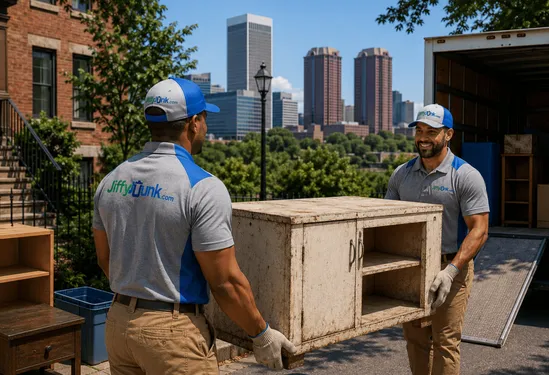 A view of a junk removal team hauling worn-out cabinets in Richmond VA, providing trusted Richmond Virginia RVA junk hauling and pickup services with white glove care for residential cleanouts