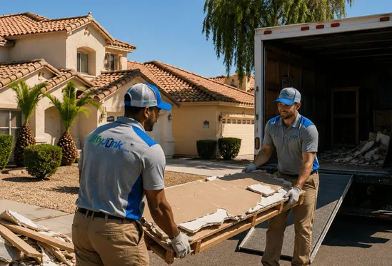 A view of a junk removal team loading broken drywall and renovation waste into a truck at a residential property in Arizona, providing professional junk removal and cleanup services