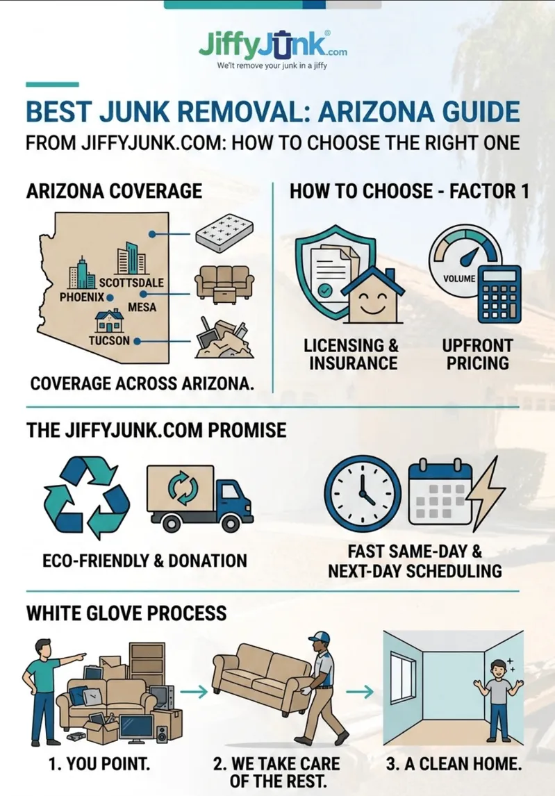 Infographic of Best Junk Removal Services in Arizona: A Complete Guide to Top Phoenix AZ Junk Hauling, Pickup, and Disposal Companies and How to Choose the Right One from JiffyJunk.com