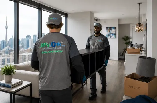 A Jiffy Junk team carries household items from a downtown Toronto condo to a clean Jiffy Junk truck, illustrating the friendly, eco-conscious junk hauling and pickup services delivered with White Glove Treatment across Toronto and the GTA.