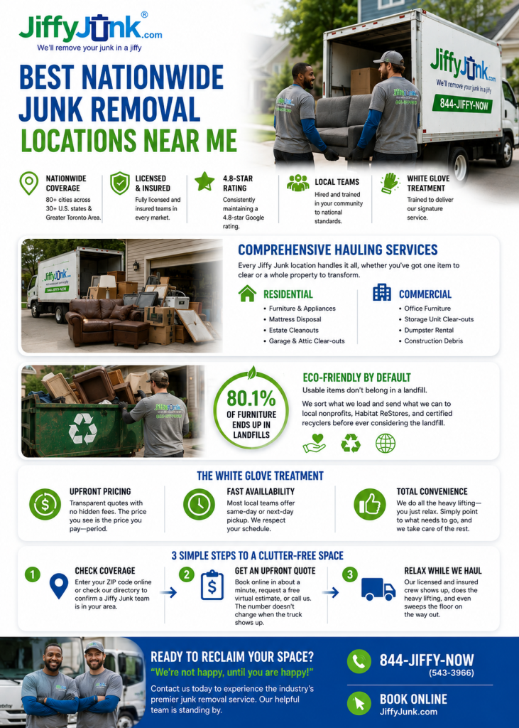 Infographic of Best Nationwide Junk Removal Locations Near Me: Find Your Local Jiffy Junk Service Area for Professional Full Service Junk Pickup and Hauling from JiffyJunk.com