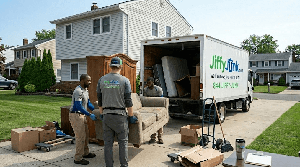 A uniformed Jiffy Junk crew carefully carries furniture, boxes, and household goods from a customer's home to a branded Jiffy Junk truck, demonstrating the breadth of professional residential and full service junk removal services available across the country.