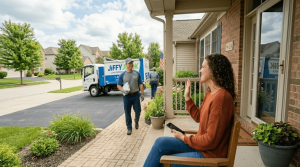 A friendly customer uses a smartphone to schedule a junk removal appointment online while a Jiffy Junk truck and uniformed crews appear ready in the background, illustrating the ease of booking junk removal online and receiving a free quote in just 60 seconds.