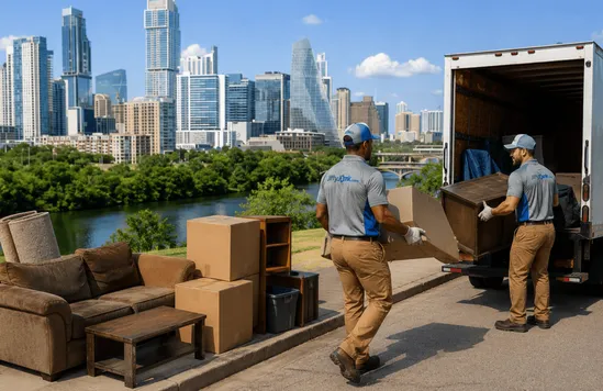 A view of a bulk trash disposal and pick up Austin TX service with professional junk removal crew collecting furniture and large household items near the Austin skyline