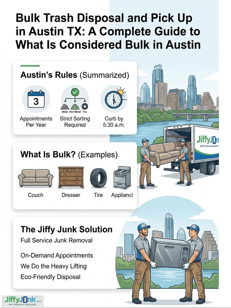 Infographic of Bulk Trash Disposal and Pick Up in Austin TX: A Complete Guide to What Is Considered Bulk in Austin Texas and How to Schedule Large Item Removal from JiffyJunk.com