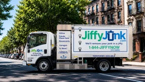 An image of a Jiffy Junk truck providing bulk trash disposal and pickup services in New York City, helping residents remove large items and oversized household waste beyond regular garbage collection.