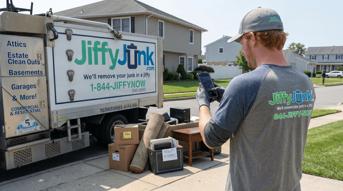 A professional Jiffy Junk team member wearing branded Jiffy Blue and Jiffy Teal uniform photographs a clearly marked driveway pile of items beside a well-maintained, branded truck, illustrating how contactless junk removal pickups allow customers to skip being home for the appointment.