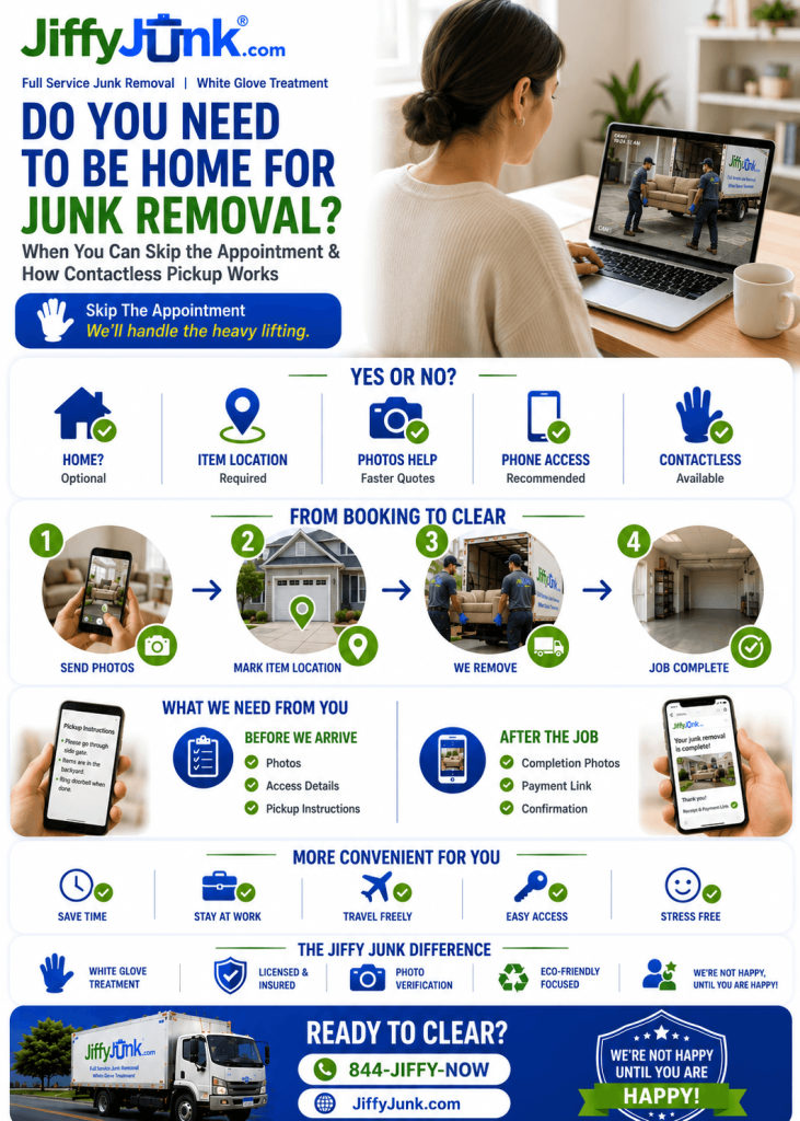 Infographic of Do You Need to Be Home for Junk Removal? When You Can Skip the Appointment, How Contactless Pickup Works, and What Information We Need from JiffyJunk.com