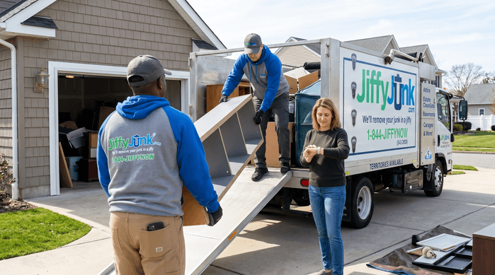 Two professional Jiffy Junk team members wearing branded Jiffy Blue and Jiffy Teal uniforms efficiently load a residential garage cleanout into a well-maintained, branded truck while a homeowner checks the time on a wristwatch, illustrating realistic timelines for full-service junk removal jobs.