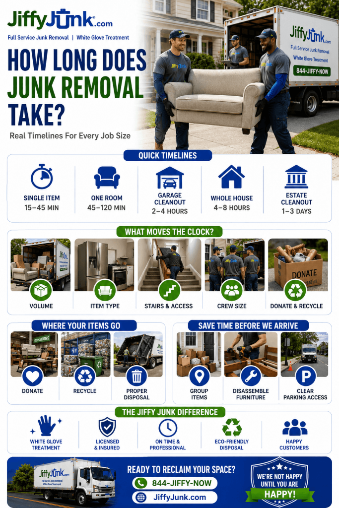 Infographic of How Long Does Junk Removal Take? Real Timelines for Single Items, Garage Cleanouts, Whole-House Jobs, and Estate Cleanouts So You Can Plan Your Day from JiffyJunk.com