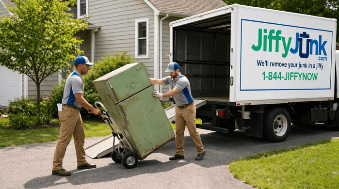 Two professional Jiffy Junk team members wearing branded Jiffy Blue and Jiffy Teal uniforms carefully load an old refrigerator onto a hand truck and toward a well-maintained, branded truck, illustrating professional refrigerator disposal pricing and freon-safe handling.