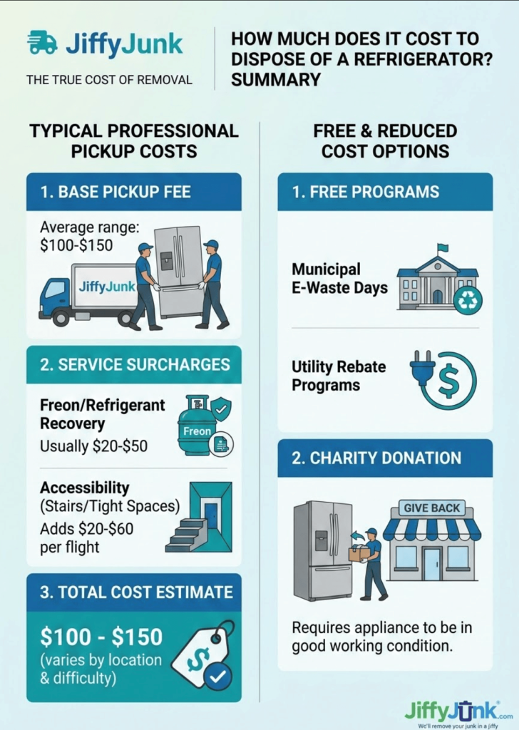 Infographic of How Much Does It Cost to Dispose of a Refrigerator? Pickup Fees, Freon Surcharges, Free Programs, and What You Will Actually Pay from JiffyJunk.com