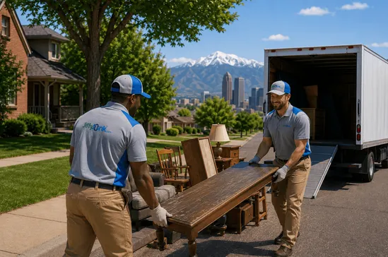 A view of a junk removal team collecting curbside furniture and household items in a Colorado neighborhood, providing professional junk hauling, bulk item pickup, and residential junk removal services with mountain views in the background.