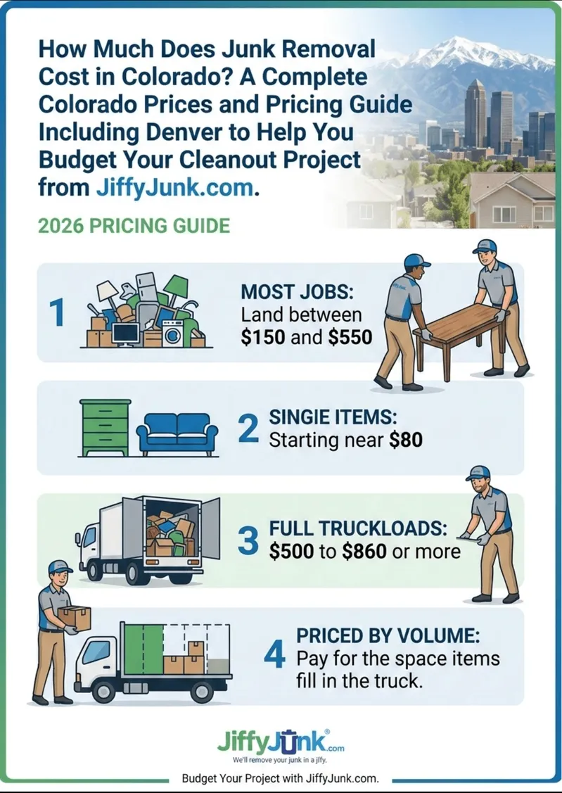 Infographic of How Much Does Junk Removal Cost in Colorado? A Complete Colorado Prices and Pricing Guide Including Denver to Help You Budget Your Cleanout Project from JiffyJunk.com